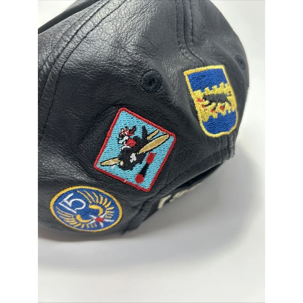 VTG Tuskegee Airman Leather Baseball Cap‎ Hat Black Never Forgotten 1941 Patches